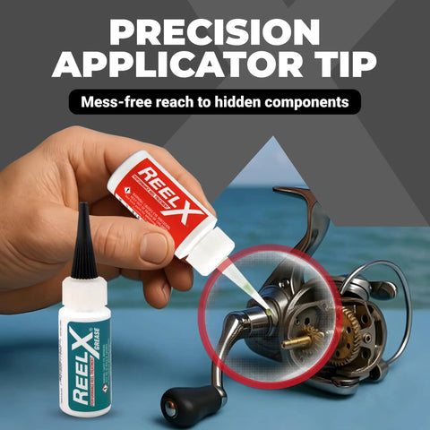 Marine Grade Reel Oil And Grease Kit With Precision Applicators For Bearings And All Reel Types shown lubricating a fishing reel.