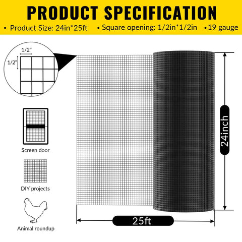 Black PVC Coated Hardware Cloth Wire Mesh 24 Inch By 25 Foot One Half Inch Opening 19 Gauge Heavy Duty Galvanized Inside With PVC Outside Coating For Chicken Coop Fence Animal Control Gutter Guard And Home Improvement in product specification image showing roll dimension and use cases