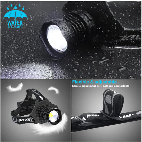 USB Rechargeable LED Headlamp With 90,000 Lumen XHP70 LED, 5 Modes, Zoomable Beam, Waterproof design with adjustable strap