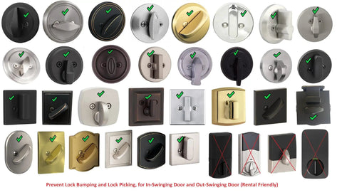 Collection of dead bolt secure brass lock guards for single side deadbolts with bump key protection, various designs.