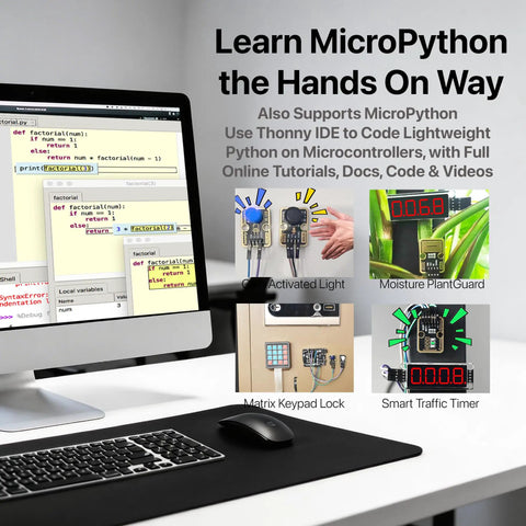 Computer screen displaying MicroPython coding interface with sensors from the Gold Edition 46 Piece Sensor Module Kit Lead Free With Tutorial Sensor Kit Compatible With Arduino IDE ESP32 S3 Raspberry Pi Pico For DIY Prototyping Starter Kit.