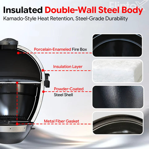Insulated double-wall steel body of Kickass 22 Inch Steel Kamado Charcoal Grill And Egg Smoker With Cart, showing firebox and insulation details.