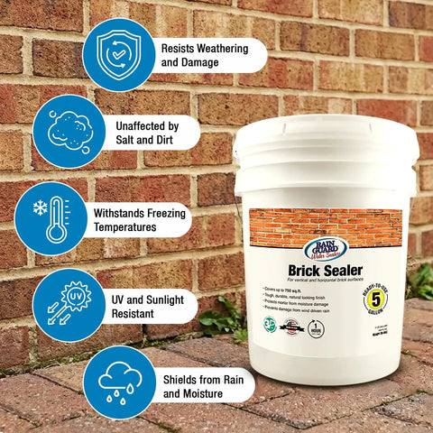 Five gallon Built Tough Penetrating Brick Sealer And Mortar Waterproofer bucket against a brick wall, showcasing moisture protection features.