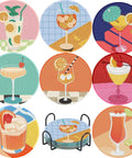 Eight Piece Diamond Art Coaster Kit With Holder For DIY 5D Retro Cocktail Coasters Diamond Painting Set For Adults And Beginners Includes Adhesive Cork Bases Diamond Tiles And Marker Pen showing eight colorful coaster designs and holder.