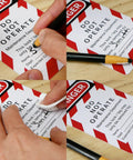 Close-up of filling out and applying do not operate tag from Pro Grade Heavy Duty Lockout Tagout Station Kit for safety maintenance use.