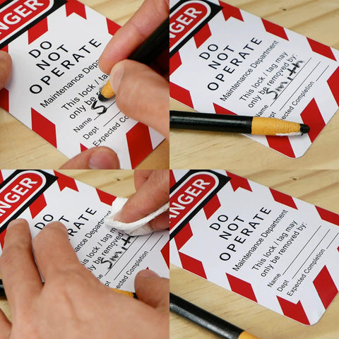 Close-up of filling out and applying do not operate tag from Pro Grade Heavy Duty Lockout Tagout Station Kit for safety maintenance use.