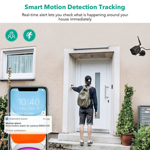 1080P Wireless Outdoor Security Camera IP66 Waterproof with Motion Detection over front door, man using smart device for alerts