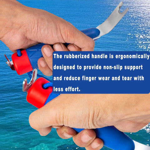Close-up of Top Snapper Tool for Boat Canvas Snaps and Cover Fastening, ergonomic rubberized handle, blue ocean background.
