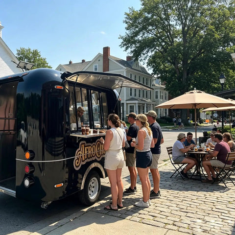 Top Tier 10ft Slick Black Mobile Food Truck For Coffee Kiosks And Pop Up Catering With Reliable Walk Up Fridge Unit Factory Direct Certified Build Ready To Hustle Hard with customers ordering drinks.