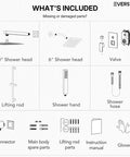 EVERSTEIN Shower System with Handheld Spray parts overview including 10" and 6" shower heads, valve, lifting rod, hose, and manual.