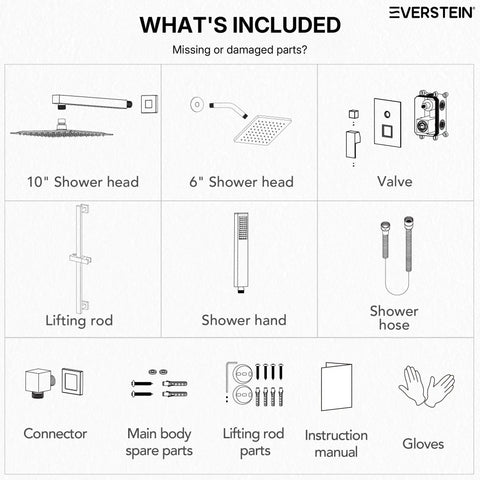 EVERSTEIN Shower System with Handheld Spray parts overview including 10" and 6" shower heads, valve, lifting rod, hose, and manual.