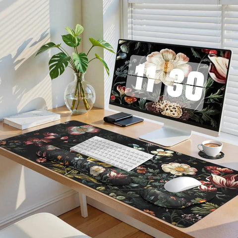 Floral 4in1 Large Desk Cover Mat With Ergonomic Wrist Rest, XXL Anti Slip Mouse Pad And Keyboard Pad on a desk setup
