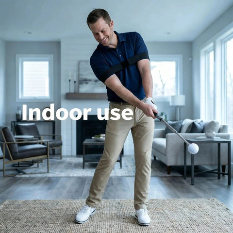 Man using Retractable Golf Swing Trainer With Click Feedback Posture Correction Arm Band And Grip Trainer indoors