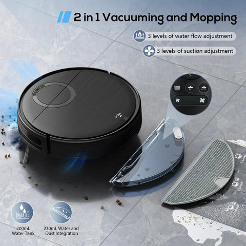 2 In 1 Robot Vacuum And Mop for Pet Owners with strong suction and anti-tangle brushless inlet, shown on hard floor.