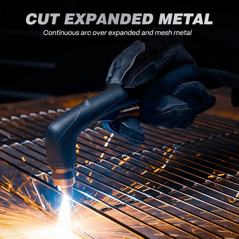 Cutting expanded metal with 55 Amp Plasma Cutter With Blowback Non HF Pilot Arc For Safe, Solid Cuts, Dual Voltage 110 220V With Large LED Display.