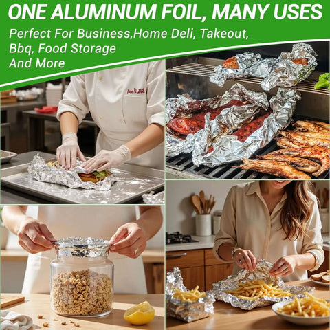 Chef using Grab And Go Pre Cut Pop Up Aluminum Foil Sheets 400 Count 12 By 10.6 Inches for food prep and storage, ideal for BBQ and sandwiches