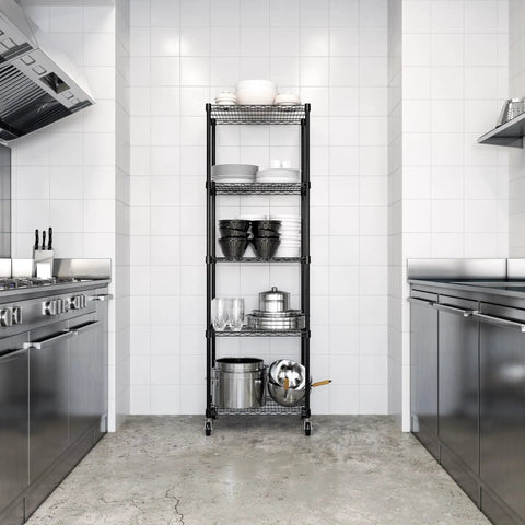 Heavy Duty 5-Tier Wire Shelving Rack With 800 Lb Per Shelf And 4,000 Lb Total Capacity, Adjustable 1 Inch Shelves, NSF Solid Steel Storage Unit For Garage Warehouse Office Restaurant Kitchen, Black, 24 In Wide By 18 In Deep installed in kitchen