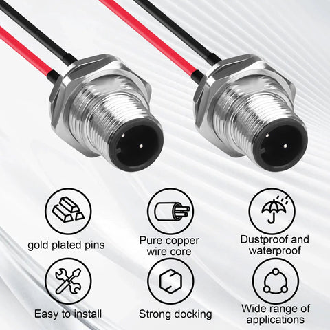 2 Pack Rugged M12 2 Pin Male Connector Cable A-Coded IP67 Waterproof Aviation Connector Pin with Features Illustrated