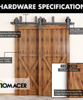 Black Rustic Double Track U Shape Bypass Sliding Barn Door Hardware Kit For Two Doors 10 Foot Flat Track With Spoke Wheel Rollers installed