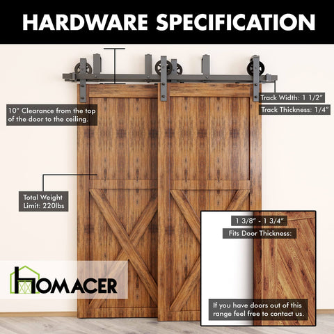 Black Rustic Double Track U Shape Bypass Sliding Barn Door Hardware Kit For Two Doors 10 Foot Flat Track With Spoke Wheel Rollers installed