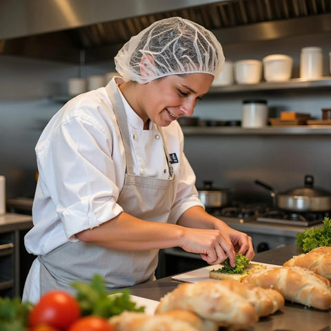 Chef wearing Breathable Disposable Bouffant Cap With Elastic Edge For A Secure Fit Latex Free All Day Comfort Soft Lightweight Nonwoven Polypropylene Hair Net 100 Pack Ideal For Medical Labs Tattoo Shops Food Service, preparing food in a kitchen.