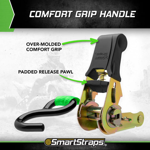 Comfort grip handle of 14FT Ratchet Tie Down Straps 4 Pack Featuring Savage 500 Pound Safe Working Load design for secure cargo.