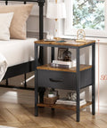 Nightstand With Charging Station And USB Ports, Bedside Table With Adjustable Fabric Drawer, 3 Tier Storage End Table For Bedroom And Living Room, Rustic Brown And Black Finish, Modern Night Stand With Power Outlets next to bed