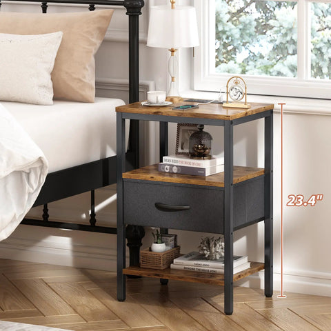 Nightstand With Charging Station And USB Ports, Bedside Table With Adjustable Fabric Drawer, 3 Tier Storage End Table For Bedroom And Living Room, Rustic Brown And Black Finish, Modern Night Stand With Power Outlets next to bed