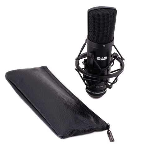 GXL2200 Large Diaphragm Cardioid Condenser Mic With 1 Inch Gold Diaphragm And Shock Mount next to a black carrying pouch, for studio vocals, podcasts, and voiceover, a solid pro grade upgrade for pros and home studios.