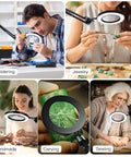 Gooseneck Lamp Magnifier With Stand 10x And 5x Zoom Three Color Modes Stepless Dimmable LED Light Hands Free Desk Magnifier in use