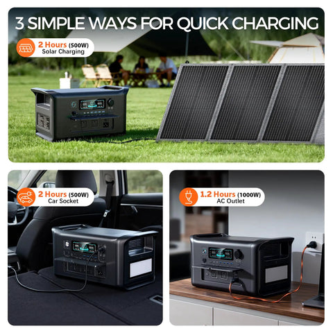 Rock Solid 1800W Portable Power Station Featuring 1024Wh LiFePO4 Battery And 100W Solar Panel outdoor charging setup with solar panel.