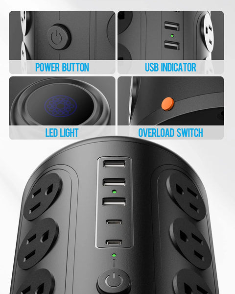 Ultimate Power Tower Surge Protector With 16 Outlets And 5 USB Ports Including 2 USB C 10 Ft Cord 1875W 2000J features overview