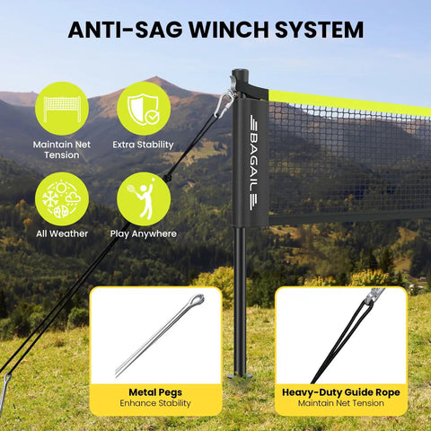 Outdoor Badminton Net Set With Anti Sag Winch System For Tournament Tightness Official Size Twenty Feet By Five Feet Includes Four Rackets Three Shuttlecocks Durable PE Net And Carry Bag For Backyard Beach And Family Games Yellow setup on grass.