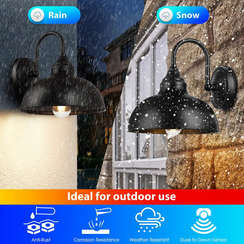 Gooseneck Barn Light Outdoor With Sensor Dusk To Dawn Farmhouse Wall Sconce 11.8 Inch Weather Resistant Black Finish