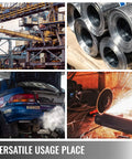 Image collage showing industrial workshops, metal coils, a car repair scene, and metal cutting, highlighting versatile applications.