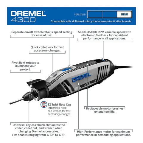 Badass Versatile Rotary Tool Kit With Flex Shaft And Heavy Duty Bench Vise Including Sixty Four Tough Accessories Plus Nine Fast Swap Attachments, featuring Dremel 4300 with variable speed.