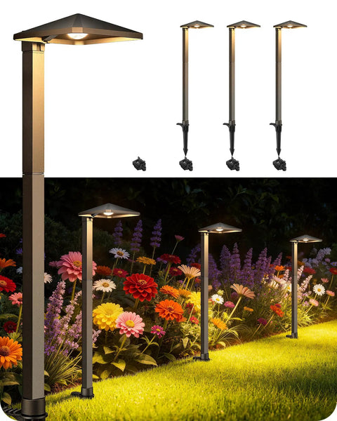 Low Voltage Pyramid Path Lights Aluminum Exterior Landscape Lighting 3000K 50000 Hour Lifespan 4 Pack illuminating a garden path