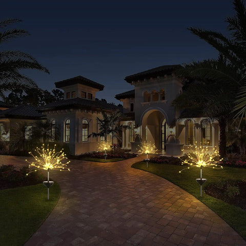 2 Pack Solar Firework Outdoor Lights For Garden Patio Yard And Pathway Waterproof IP65 With 8 Lighting Modes illuminating house