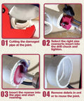 Steps showing usage of Complete 9 Size PVC Pipe Reamer Kit With Carbide Inserts And Aluminum Fitting Saver including cutting and reaming