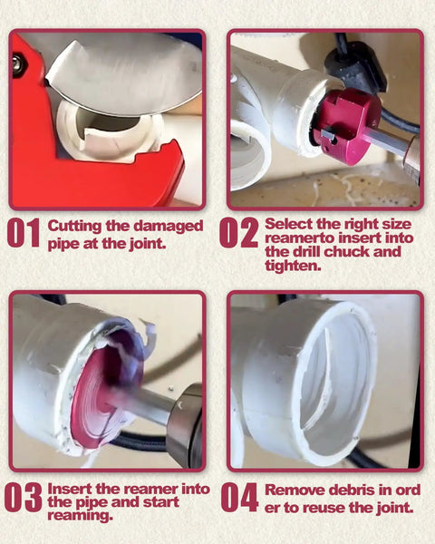 Steps showing usage of Complete 9 Size PVC Pipe Reamer Kit With Carbide Inserts And Aluminum Fitting Saver including cutting and reaming