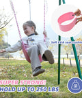 Child on pink swing seat with heavy duty chains plastisol coated copolymer plastic for playground swing set, 250 lb rating.