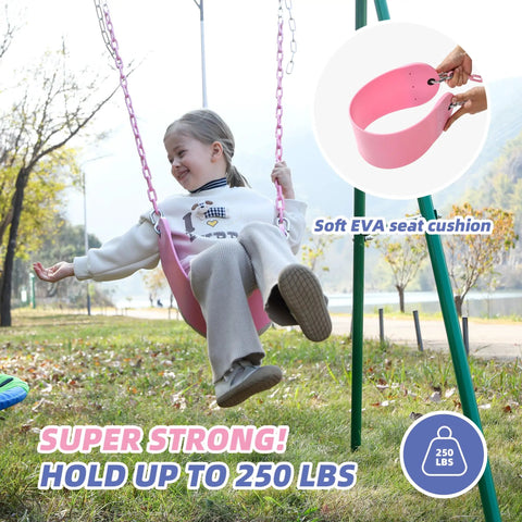 Child on pink swing seat with heavy duty chains plastisol coated copolymer plastic for playground swing set, 250 lb rating.