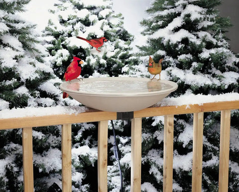 Dang Solid Heated Bird Bath Locks Tight To Deck Railings Frost Proof Stone Basin 150w Heater with birds on snowy deck railing.