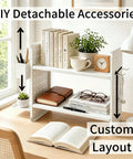 White Desktop Shelf Organizer With Adjustable Two Tier Design Space Saving For Dorm Room And Office with books and decor