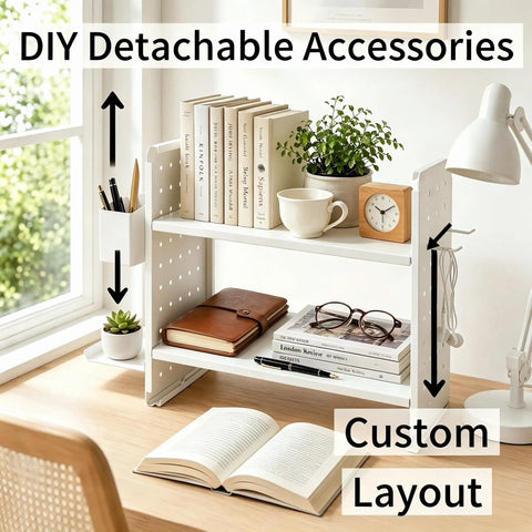 White Desktop Shelf Organizer With Adjustable Two Tier Design Space Saving For Dorm Room And Office with books and decor