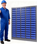 Heavy Duty Parts Cabinet With 100 Abs Drawers And Adjustable Dividers For Nuts Bolts Screws Badass Hardware Organizer in a workshop.
