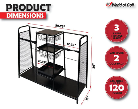 Dimensions of Heavy Duty Metal Golf Bag Organizer Rack For Two Bags With Secure Straps Two Wire Drawers For Accessories.