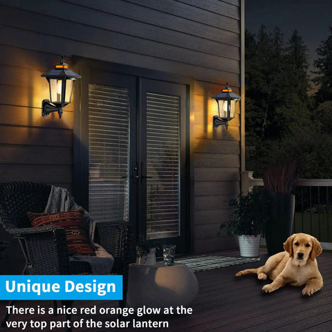Dope Outdoor Solar Porch Lights With 3 Modes And Motion Sensing For Barn Shed Yard Garage And Chicken Coop Energy Saving Backyard Lighting Weatherproof Durable Easy Install On Walls Or Posts illuminating a patio with a dog