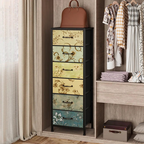 Tall 6-Drawer Dresser With Vintage Style Fabric Bins, Sturdy Metal Frame And Wood Top in modern bedroom closet