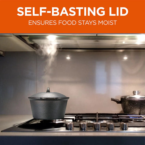 2 Qt Preseasoned Cast Iron Saucepan With Lid And Built In Handles Induction Ready On Stove with Steam